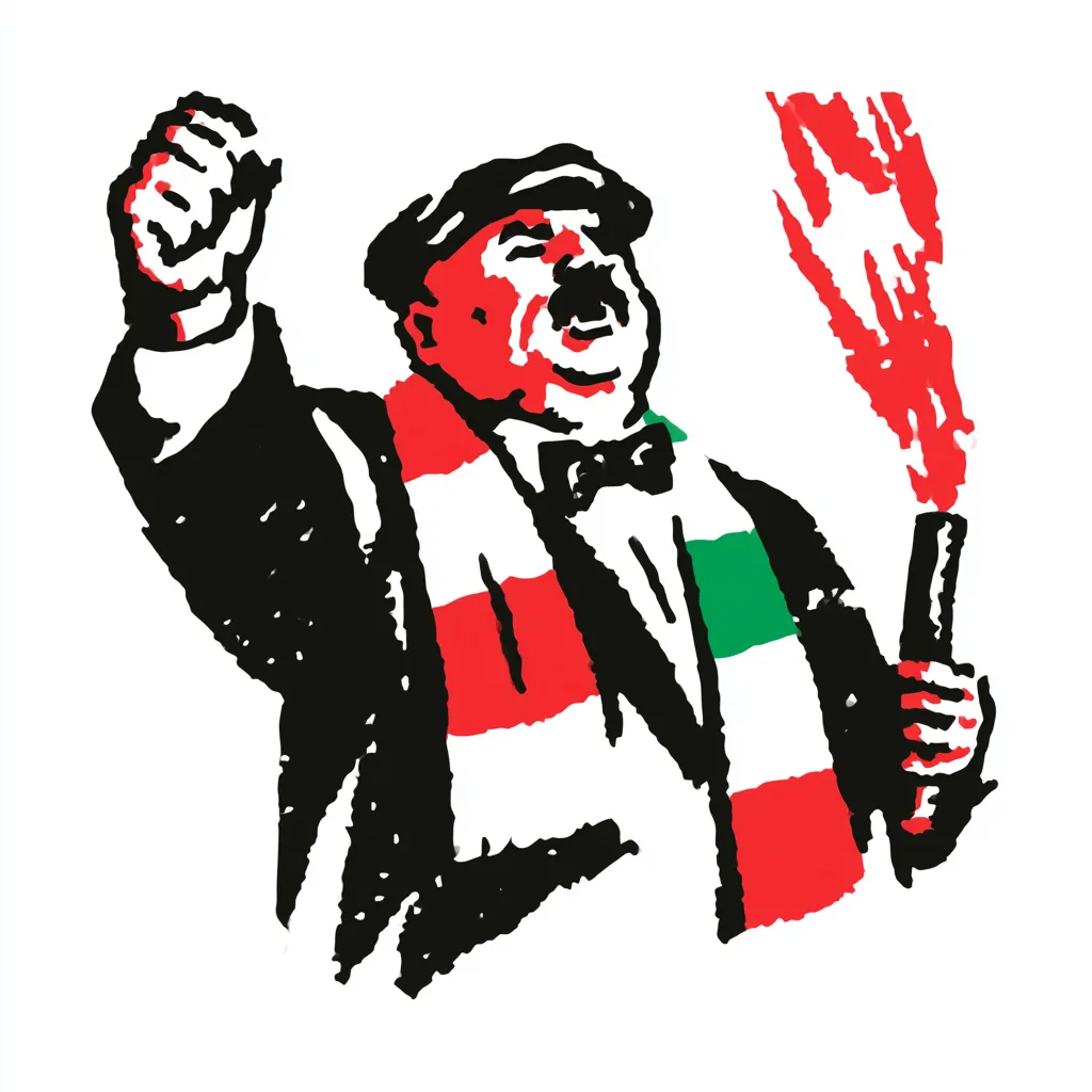 a logo illustration of a fat mafia mob boss in full mafia suit, bowtie, wearing a cap, at an italian serie a game chanting with a football scarf around neck in red, white and green, holding a flare, on a white background,