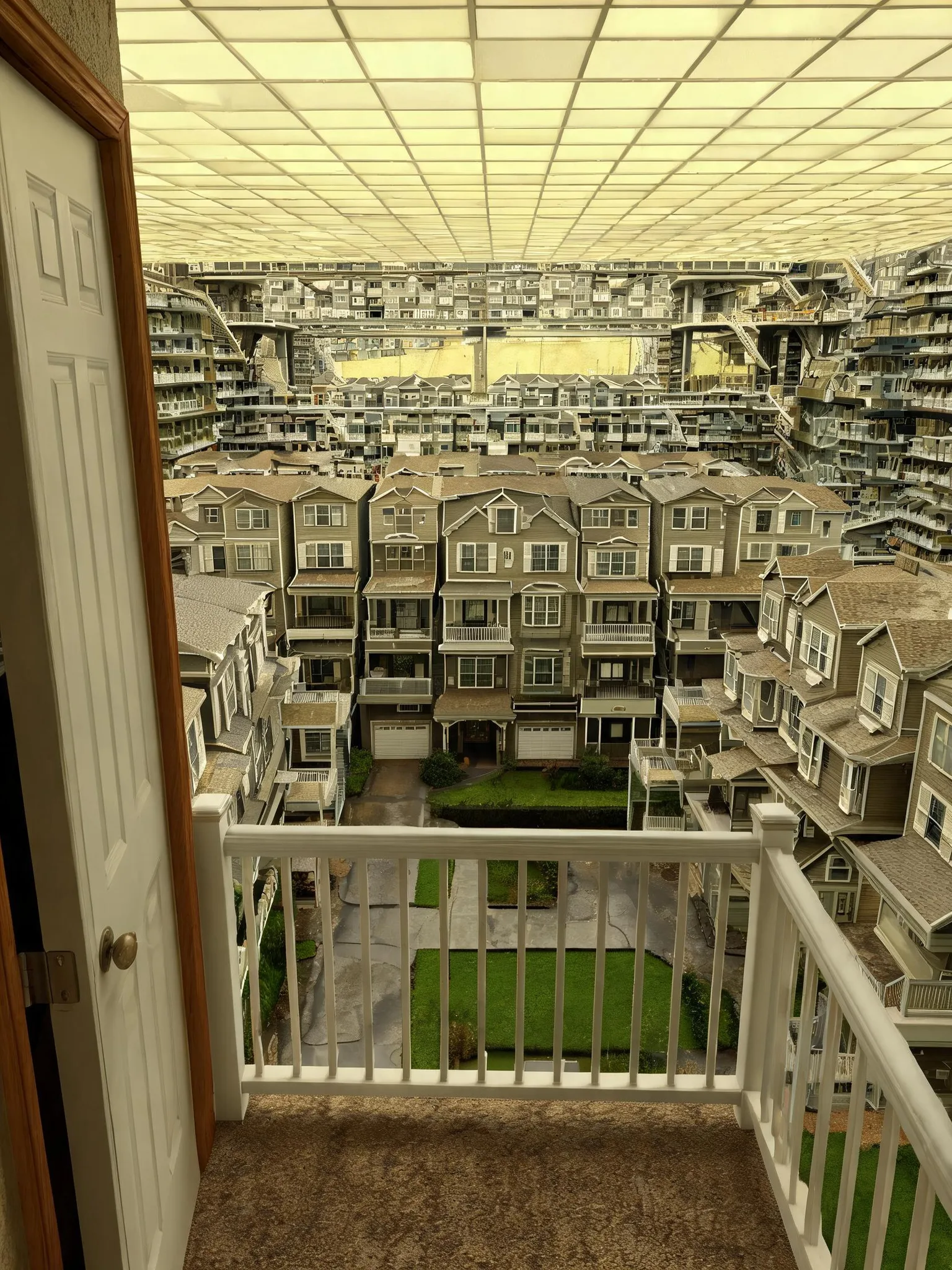POV handheld phone camera, standing human eye height, stepping out an open door onto a narrow balcony on a colossal McMansion style highrise inside a gigantic enclosed backrooms residential megastructure. Door frame and partial open door visible at frame edge. Balcony railing in immediate foreground. Looking outward: vast labyrinth below of damp carpet, fake lawns, narrow residential passages, courtyard pockets, endless stacked suburban architecture. Enormous McMansion facades - faux stone, beige stucco, vinyl siding, bay windows, shutters, gables, garage sections, covered entries - rising hundreds of floors. Countless balconies, bridges, staircases, suspended corridors filling vertical space. Fluorescent ceiling grids far overhead. Stained yellow backrooms surfaces visible in deep distant gaps. Empty, silent, dreamlike liminal suburbia. Overwhelming enclosed scale, dense recursive architecture. Flat fluorescent ambient lighting, soft omnidirectional illumination. No flashlight, spotlight, hotspot, harsh foreground glow, or heavy vignette.