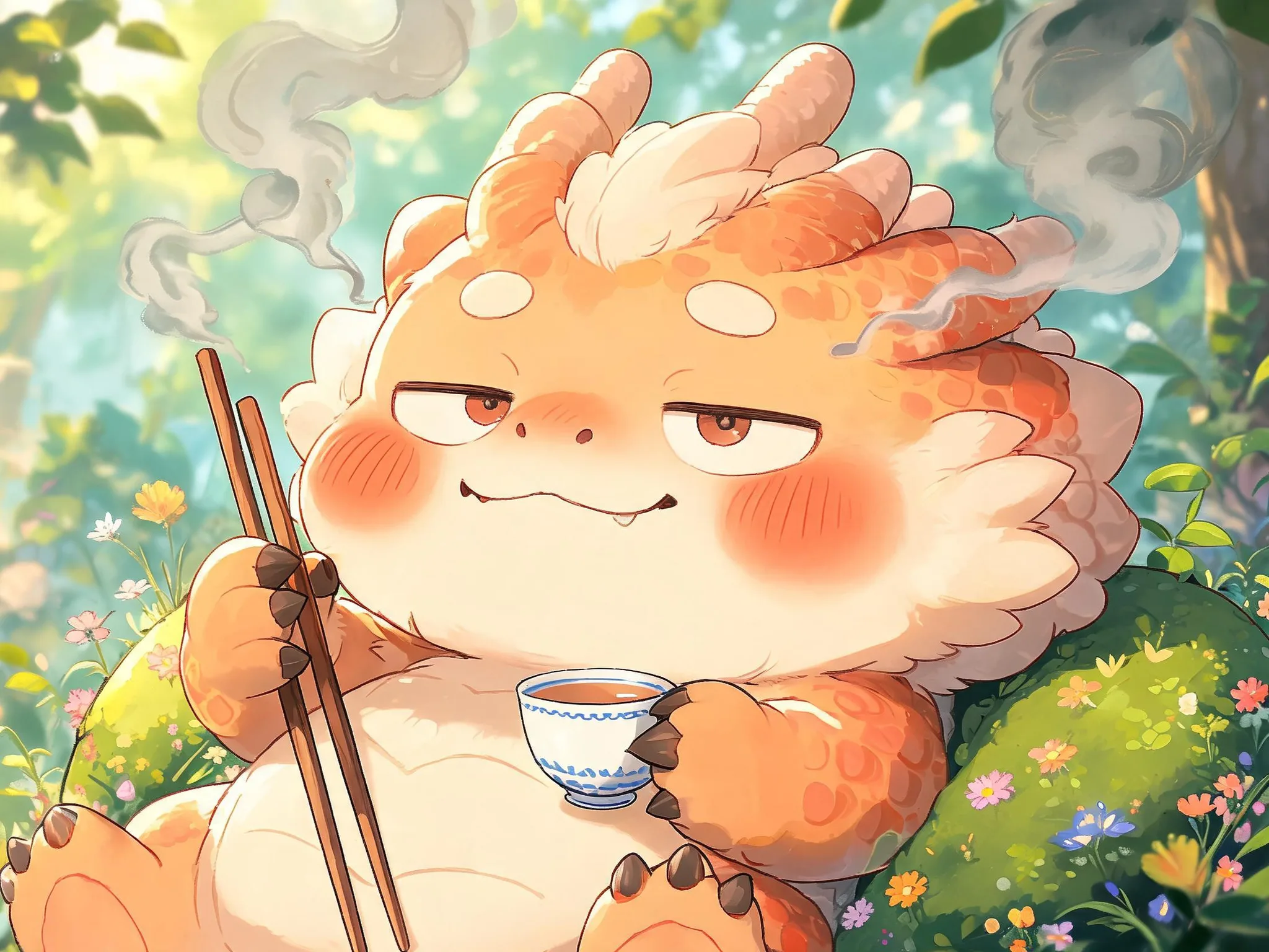 An adorable, chubby cartoon dragon, appearing very silly and tipsy, sitting with its eyes half-closed and cheeks red. It is clumsily holding long chopsticks and a tiny tea cup. A funny, thick wisp of smoke curls from its nostrils as it breathes. Bright and colorful animated movie style, Studio Ghibli inspired, high quality, vibrant fantasy