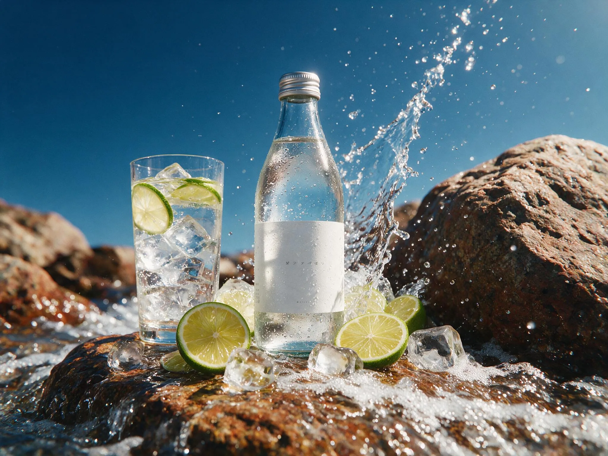 Subject: A clear glass bottle of sparkling mineral water with a brushed silver screw cap and a minimalist white paper label bearing small illegible Japanese-style typography, standing upright at the center; beside it a tall highball glass filled with clear liquid, ice cubes and lime wheels; fresh lime slices with juicy translucent pulp and green rind scattered around, chunks of crystal-clear ice, dynamic water splash bursting upward with airborne droplets and beads

Scene: Outdoor summer product setup on wet rugged rocks of reddish-brown weathered stone, shallow running water and foam streaming over the foreground, deep clear blue cloudless sky as backdrop, bright midday, coastal or desert spring atmosphere

Composition: Wide horizontal hero shot, low camera angle near water level, medium close-up product framing, bottle centered with glass at left and large boulder at right, limes anchoring lower thirds, splash arcing to upper right, negative sky space at top left, 16:9 aspect ratio

Lighting: Strong natural sunlight from upper right, hard directional key with crisp specular highlights on glass, ice and water droplets, bright rim light through liquid, soft blue sky fill, short defined shadows on rock, cool daylight temperature around 6000K

Color: Cool palette of azure blue sky and crystalline whites, vivid lime green and yellow-green citrus accents, warm terracotta and ochre rock tones for contrast, high saturation, high clarity, punchy contrast

Style: Premium commercial beverage advertising photography, hyperrealistic high-end still life, freshness campaign aesthetic, clean modern Japanese minimal branding, photoreal CGI-grade render quality

Camera: Full-frame DSLR, 50mm prime lens, f/8, 1/8000s high-speed flash sync to freeze splash, ISO 100, deep-mid depth of field with slightly soft background, fine film-free digital grain, subtle chromatic edge on glass

Details: Condensation beads on bottle, refractive caustics through ice and liqu