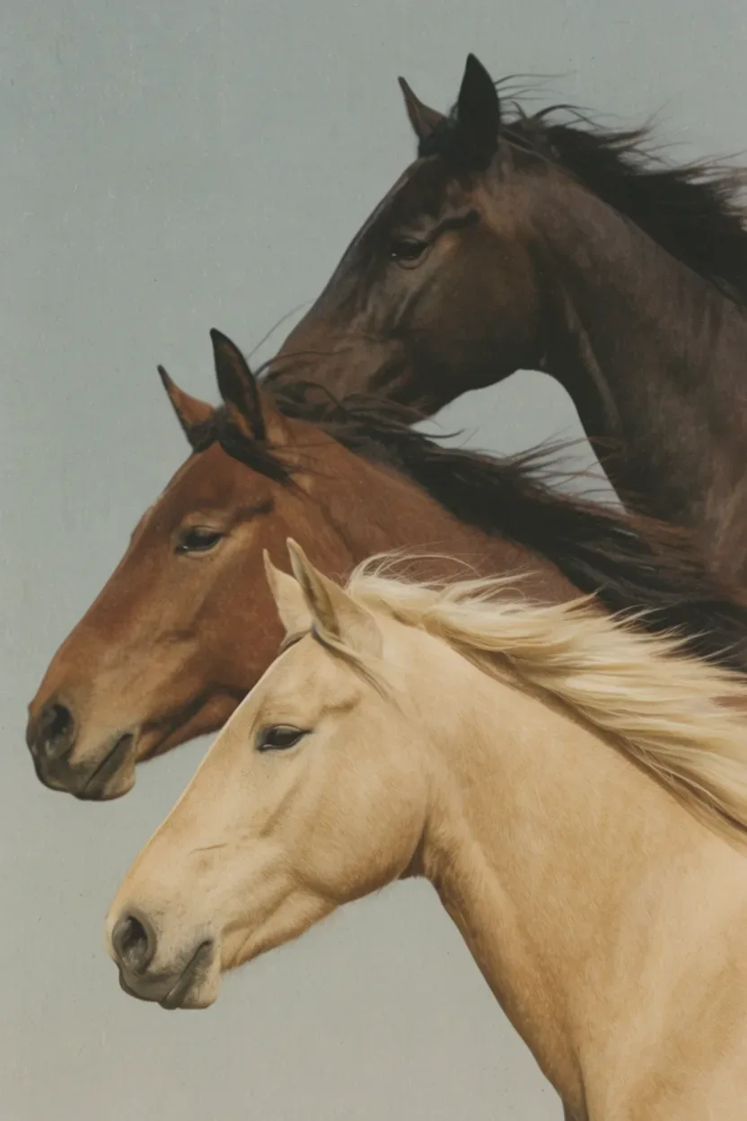 Three horses moving naturally in the same direction, loosely staggered at different depths, organically overlapping like a real herd. Each at a different stride stage, varied head heights and neck angles. One slightly ahead and closer to camera, one partially emerging from behind, one deeper in background. Spontaneous asymmetrical composition, natural irregular spacing, flowing manes lifted by motion. Warm pale beige horse with creamy mane, muted chestnut brown with dark mane, deep espresso brown near black. Large scale close framing with bodies and necks extending beyond frame. Muted dusty blue gray background, low saturation warm neutral color grading, broad diffused ambient light, soft tonal transitions, no cast shadows. Realistic horse hair and fine mane strands, slightly softened detail, fine analog film grain, subtle printed photographic texture, tactile vintage poster surface, restrained contrast, compressed telephoto perspective, eye level editorial angle. Timeless luxury equestrian campaign aesthetic. No typography, logo, people, or text.