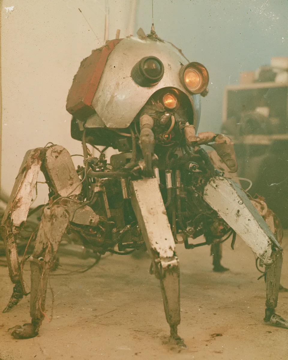 A handmade animatronic spider creature, built like a retro-futuristic robot companion in the tradition of 1980s practical-effects sci-fi cables, servos, and weathered brushed-metal plating visible beneath articulated leg joints, glowing amber optical sensor eyes, foam-latex skin seams and puppet rig cables faintly visible, small enough to perch on a shoulder, curious and expressive posture like a loyal droid sidekick, shot on 16mm Kodak Ektachrome 100, warm tobacco color shift, heavy analog film grain, halation and lens bloom, gate weave, underexposed dusty shadows, fogged lens edges, atmospheric haze, studio soundstage lighting, practical model photography, Jim Henson workshop craftsmanship, Phil Tippett stop-motion texture