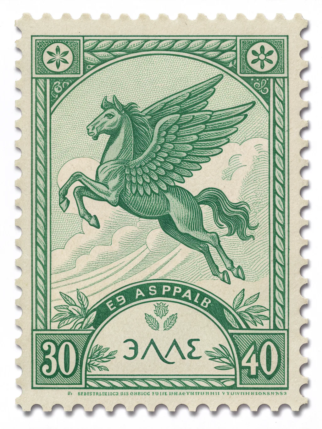 vintage greek 1930s air mail Stamp, flying pegasus, green ink, line engraving, intaglio, very fine detail no cancellation mark