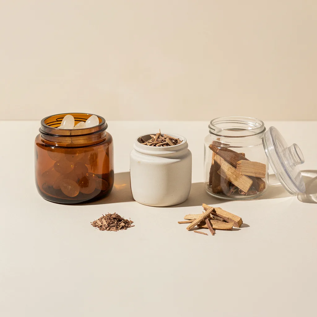 High resolution, photorealistic editorial still life. Quiet, minimal storage scene on a soft cream or pale stone surface with a seamless warm ivory background. Two or three simple, unbranded storage vessels in different materials: an amber glass jar, a small ceramic jar, and a clear apothecary style container. Each holds a distinct single raw aromatic material - pale resin tears, tiny sandalwood chips, medium size palo santo chips, dried leaves, etc. Some containers slightly open or transparent to reveal contents. A small amount of loose raw material scattered nearby, each material reading as separate and natural. Calm, clean, elevated feel. Soft natural side lighting, gentle shadows, creamy neutral palette, airy editorial composition with generous negative space. Vessels are not hero objects or product packaging. No labels, text, incense warmer, flame, smoke, decorative clutter, colorful mixed petals, or finished blend styling.