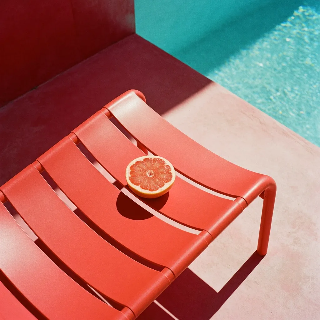 Editorial summer still life photographed from above, a bright coral-red poolside lounge chair with curved slatted panels, a single fresh grapefruit half placed at the center, deep burgundy-red geometric tiled wall in the background, sparkling turquoise swimming pool visible at the side, soft pale blush-pink concrete surface, intense Mediterranean sunlight, crisp diagonal composition, vivid red and cyan color contrast, subtle hard shadows, minimal luxury resort aesthetic, analog film grain, slightly imperfect vintage texture, high saturation, clean graphic shapes, fashion magazine photography