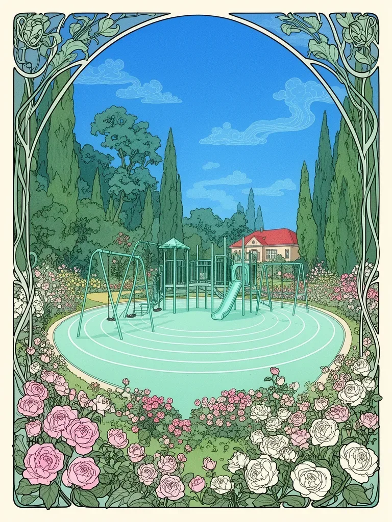 an art nouveau illustration of a mint blue playground with track enclosed in a lush garden.. surrounding the playground are blooming flower beds with pink and white roses, tall green trees, and a distant house with a red roof.vibrant blue with small, stylized clouds in the distance.
