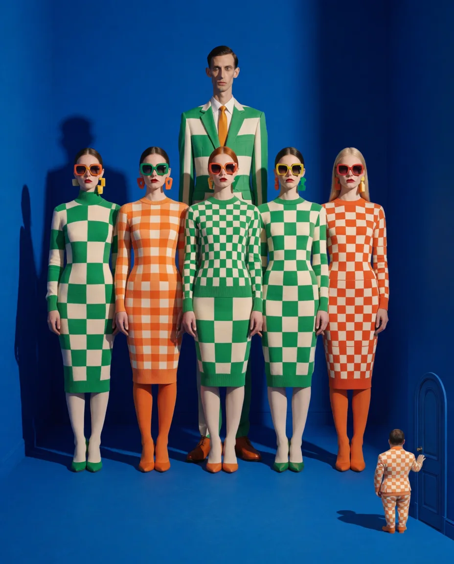Five women stand shoulder-to-shoulder like an eccentric luxury fashion campaign, completely deadpan, graphic blue, green, orange and cream outfits, oversized sunglasses and geometric accessories. The absurdly tall skinny man stands behind them while the tiny short man slowly retreats toward his miniature door. Saturated cobalt seamless studio, symmetrical composition, awkward sophisticated humour, pristine editorial photography STYLE ANCHOR FOR EVERY IMAGE: luxury high-fashion studio editorial, quirky European retro-futurist styling, saturated cobalt blue seamless studio background, graphic geometric knitwear, checkerboard and gingham patterns, sculptural silhouettes, oversized colorful sunglasses, porcelain skin, sharp clean studio lighting, completely deadpan expressions, awkward catalogue posing, sophisticated absurdist humour, immaculate composition, no outdoor scenery, no realism, fashion campaign photography