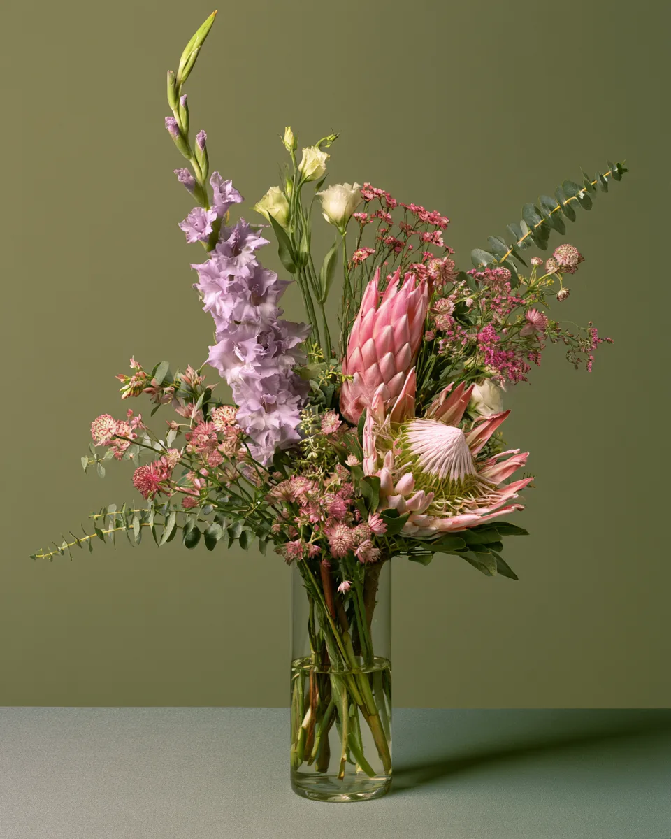 Award-winning botanical still life, luxurious bouquet of lavender gladiolus, pink king proteas, lisianthus, astrantia, wax flowers and eucalyptus, elegant asymmetrical composition based on the golden ratio, museum-quality floral styling, soft olive green background, muted sage surface, refined natural daylight, every petal perfectly sharp, incredible texture, subtle shadows, premium botanical photography, Hasselblad medium format, 100mm macro lens, focus stacking, photorealistic, ultra detailed, hyper realistic colors, fine art editorial photography, calm sophisticated mood, ideal reference for pastel realism