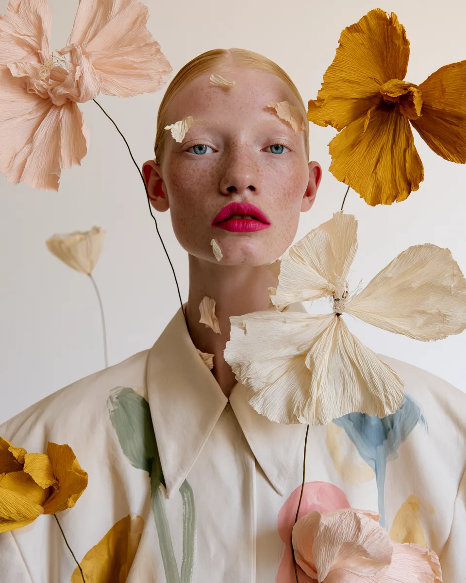 Fine art editorial portrait, pale freckled blonde woman, slicked back hair, icy blue eyes, vivid raspberry lipstick, calm expression. Centered chest up composition. Simple oversized ivory blazer with soft pointed collar and loose hand painted botanical brushstrokes in sage green, dusty blue, blush pink, muted yellow. Exactly five handcrafted crepe paper flowers on extremely thin visible stems, individually spaced with generous negative space: Large pale blush pink poppy, upper left Large mustard yellow poppy, upper right Small ivory flower, distant background Small yellow flower, lower left Soft blush flower, lower right near torso Flowers: ribbed Italian crepe paper, broad irregular petals, 4 6 petals, asymmetrical handmade edges, gently curved slightly torn looking shapes, delicate stamens, matte tactile texture. NOT circular/symmetrical/peonies/carnations/crown/bouquet/dense arrangement. Few tiny paper petal fragments on forehead, cheek, neck. Warm off white studio background, airy spacing, quiet whimsical mood, soft diffused frontal daylight, very low contrast, natural freckles, medium format, restrained pastel palette.