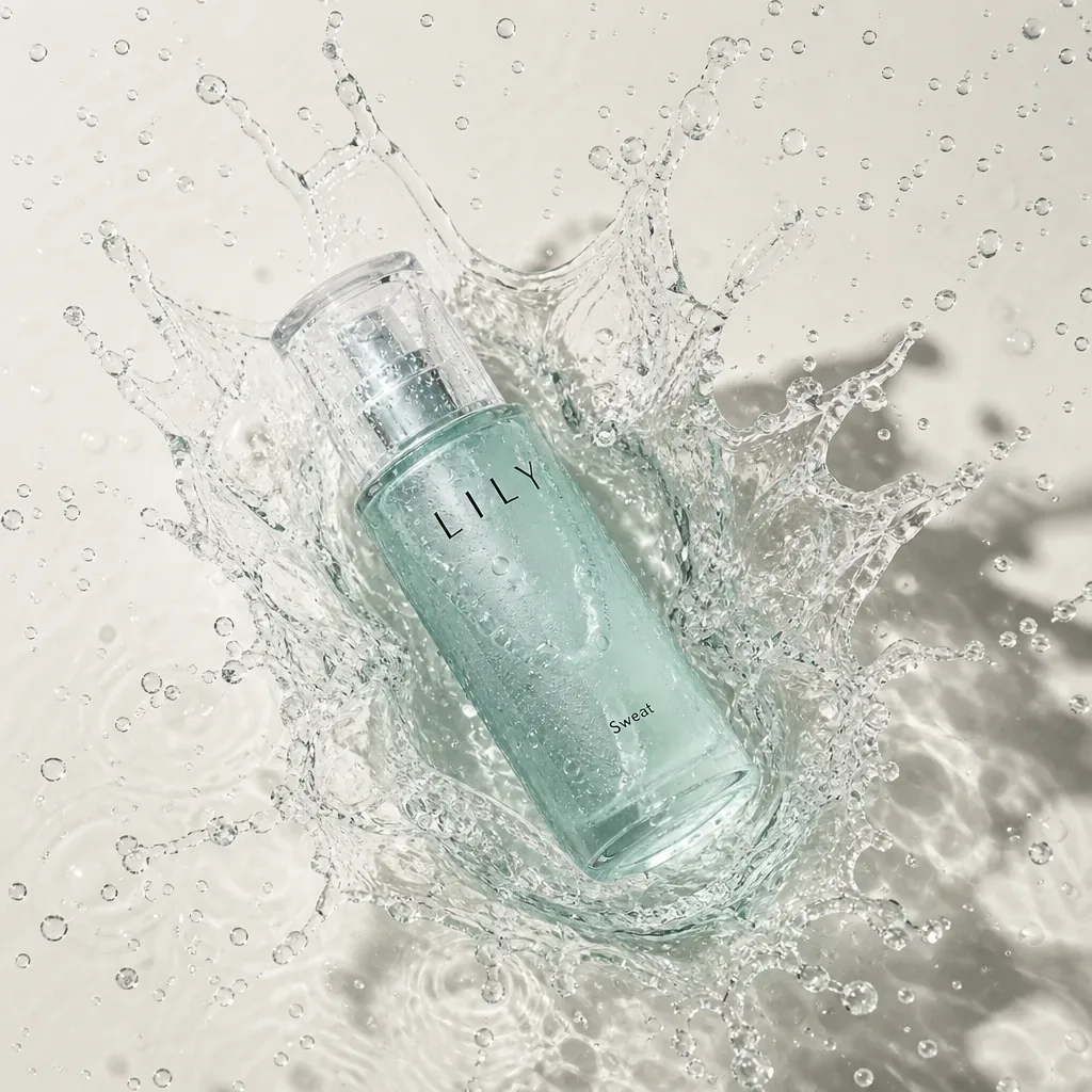 Subject: A minimalist frosted glass cosmetic bottle with a clear transparent cap, filled with pale aqua-tinted liquid, labeled "LILY" in thin black sans-serif capitals across the shoulder and small "Sweat" text lower on the body, lying diagonally and partially submerged in a violent water splash, glass surfaces beaded with droplets and refracting streaks of liquid

Scene: Seamless off-white matte studio backdrop with a shallow layer of water, an explosive crown-shaped splash erupting around the bottle, airborne droplets and beads scattered across the surface and flying through the air, freeze-frame moment of impact, clean product-shot environment

Composition: Overhead top-down flat-lay angle, close-up product shot, bottle placed slightly left of center on a diagonal axis, splash radiating symmetrically outward filling the frame edges, negative space in upper-left and lower-left corners, soft cast shadow to the right, square 1:1 aspect ratio

Lighting: Hard directional studio strobe from upper left with a large softbox fill, high-speed flash duration freezing motion, crisp specular highlights on glass and water crests, soft graduated shadow on the right side, neutral to slightly cool color temperature around 5600K

Color: Pale desaturated palette of ivory, warm greige and soft gray with cool mint-aqua and pale seafoam accents, translucent silver-white water highlights, deep charcoal type accents, medium contrast, gentle natural saturation

Style: High-end cosmetics advertising still life, clean Japanese-Korean skincare campaign aesthetic, editorial commercial photography, hyperrealistic liquid dynamics, contemporary minimalism

Camera: Full-frame digital medium format look, 100mm macro lens, f/11, 1/8000s high-speed sync flash, ISO 100, deep focus across bottle with slight falloff on flying droplets, ultra-sharp micro detail, negligible fine grain

Details: Frosted glass texture with subtle scuffs, water film clinging to the label, ti